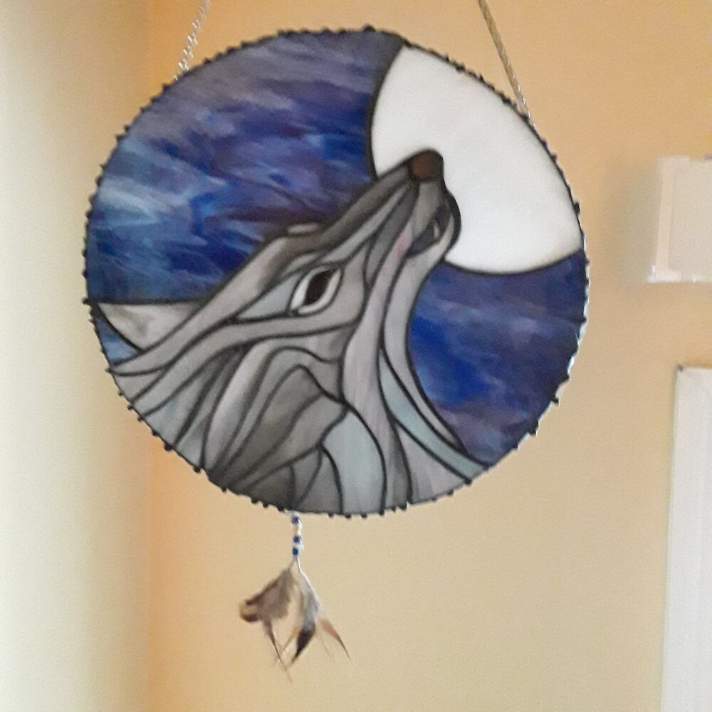 Wolf & moon glass mosaic, hand-made, 13" diameter